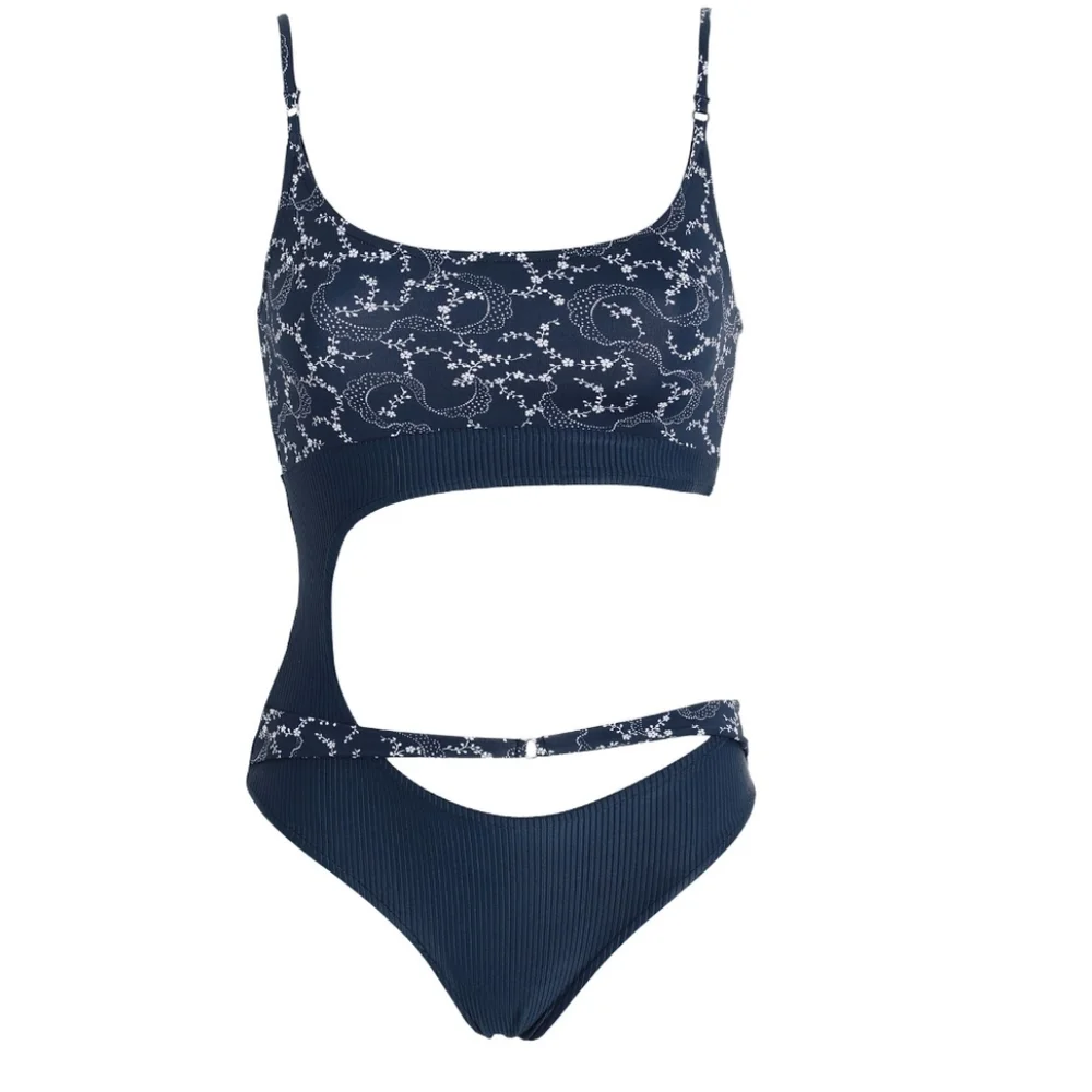 New!Frankie's Bikinis Blue Thea Ribbed One-Piece‎ Swimsuit